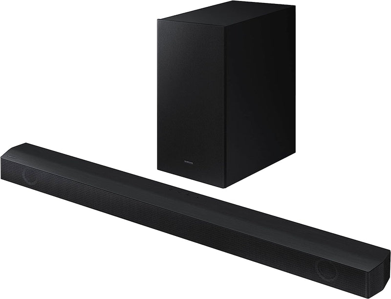 Samsung 2.1ch Soundbar with subwoofer, black in color, displaying the front view with a part of the subwoofer visible.