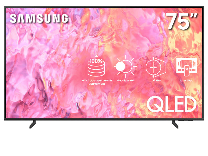 Samsung 75-inch QLED TV displaying vibrant colors on the screen, indicating high color volume and Quantum Dot technology.