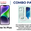 iPhone 14 Plus combo pack including a pre-installed screen protector, a fast charger cable with a cube, a phone hard shell case, and a camera lens protector.