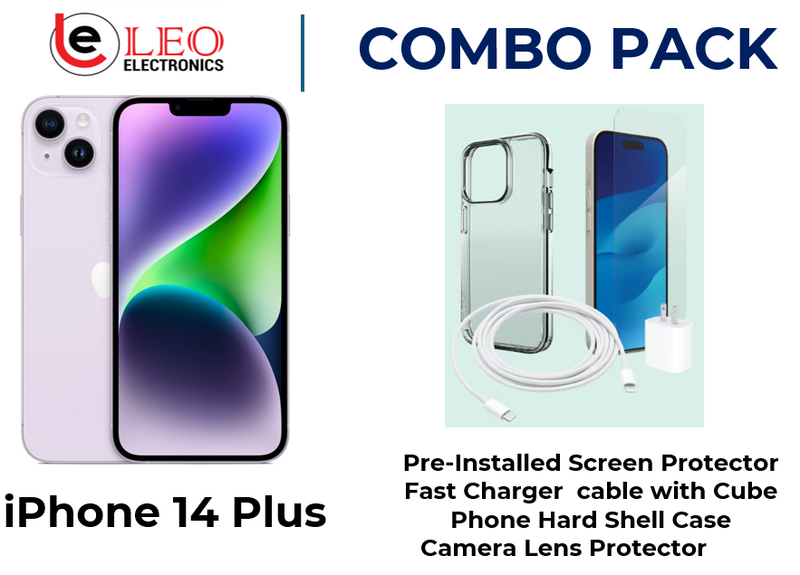 iPhone 14 Plus combo pack including a pre-installed screen protector, a fast charger cable with a cube, a phone hard shell case, and a camera lens protector.