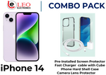 iPhone 14 Combo Pack, showing the smartphone in purple color alongside a pre-installed screen protector, a fast charger, a hard shell case, and a camera lens protector.