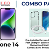 iPhone 14 Combo Pack, showing the smartphone in purple color alongside a pre-installed screen protector, a fast charger, a hard shell case, and a camera lens protector.