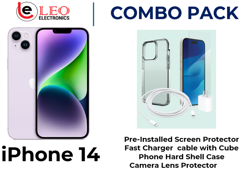 iPhone 14 Combo Pack, showing the smartphone in purple color alongside a pre-installed screen protector, a fast charger, a hard shell case, and a camera lens protector.