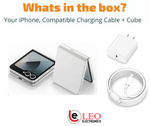 Samsung Galaxy Z Flip 6 color white with charging cord and cube