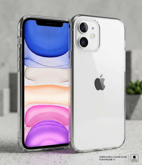 A clear hard shell case for iPhone 14 Plus, displaying the front and back view of the case with the iPhone screen visible.