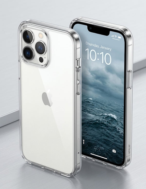 A clear hard shell case for iPhone 12 Pro Max & 13 Pro Max, showing the back of the phone with the case applied.