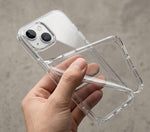 Clear TPU phone case being held by a hand with 'Soft Flexibility TPU' text above.