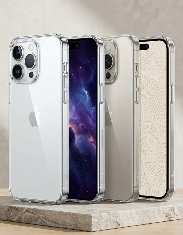 Hard Shell Clear Case for iPhone 14 Pro Max, and 15 Pro Max display in different colors of iphone
