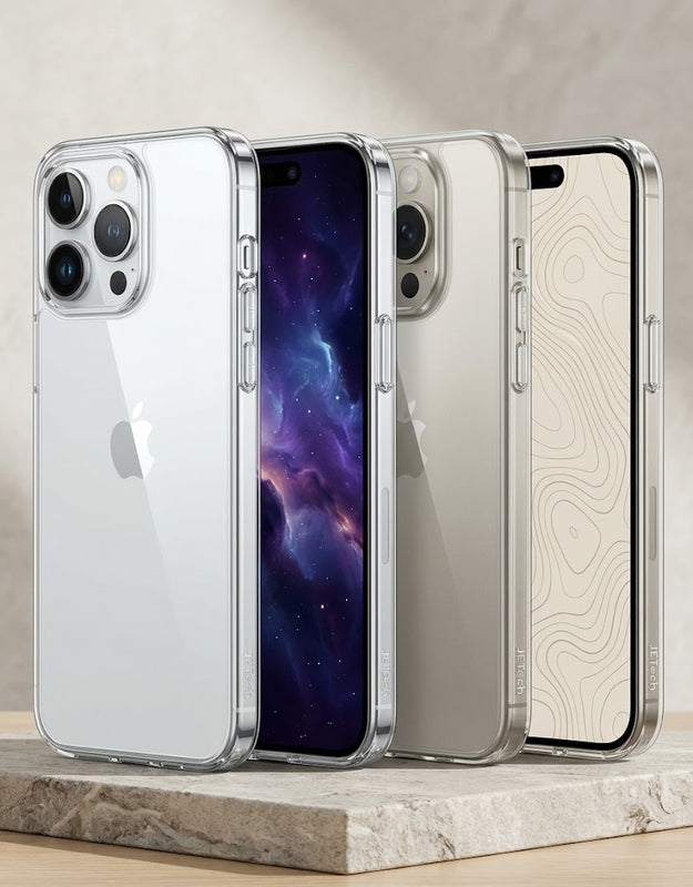 Hard Shell Clear Case for iPhone 14 Pro Max, and 15 Pro Max display in different colors of iphone