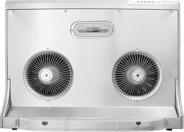 Silver range hood with dual fans