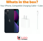 Black iPhone 14 / 14 Plus, charging cable, and cube on white background with text.