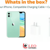 Green iPhone 11 , charging cable, and cube