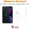 Black iPhone 14 / 14 Plus, charging cable, and cube on white background with text.