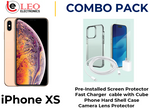 iPhone XS dolf with a pre-installed screen protector, a fast charger cable with a cube, and a camera lens protector, indicating a combo pack of accessories for the phone.