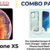 iPhone XS dolf with a pre-installed screen protector, a fast charger cable with a cube, and a camera lens protector, indicating a combo pack of accessories for the phone.