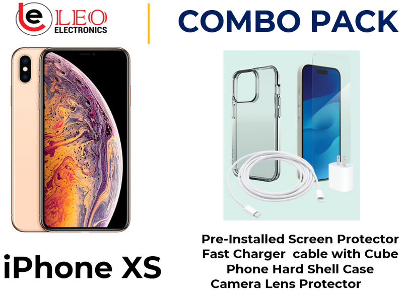 iPhone XS dolf with a pre-installed screen protector, a fast charger cable with a cube, and a camera lens protector, indicating a combo pack of accessories for the phone.