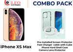 iPhone XS Max gold with a pre-installed screen protector, a white fast charger cable with a cube, and a black phone hard shell case with a camera lens protector.