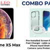 iPhone XS Max gold with a pre-installed screen protector, a white fast charger cable with a cube, and a black phone hard shell case with a camera lens protector.