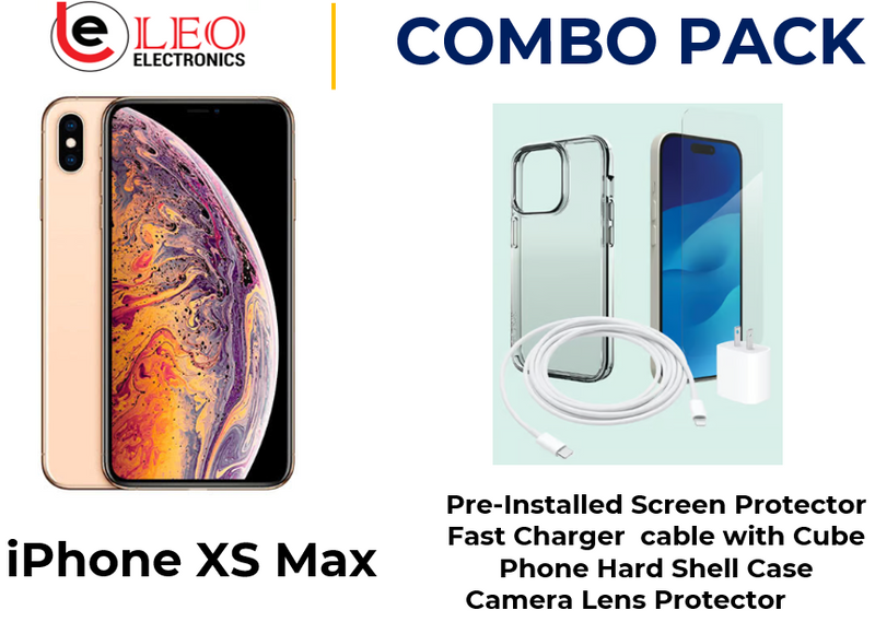 iPhone XS Max gold with a pre-installed screen protector, a white fast charger cable with a cube, and a black phone hard shell case with a camera lens protector.