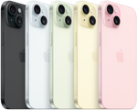 An array of iPhone 15 smartphones in various colors including black, white, gold, silver, and pink.