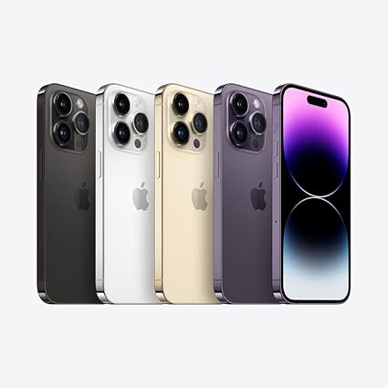 A lineup of Apple iPhone 14 Pro Max smartphones in various colors including black, gold, silver, and purple.