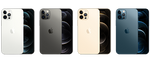 An image showcasing four iPhone 12 Pro Max smartphones in different colors: gold, silver, gray, and blue.