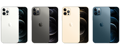 An image showcasing four iPhone 12 Pro Max smartphones in different colors: gold, silver, gray, and blue.