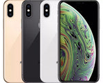 Three iPhone XS smartphones in gold, silver, and gray colors, displayed horizontally with the screen of the gold phone facing front showing the wallpaper.