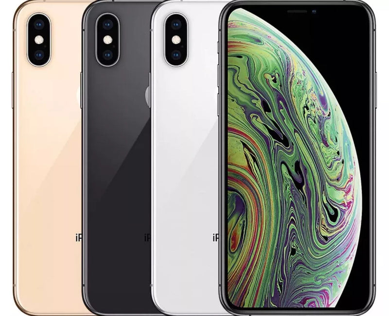 Three iPhone XS smartphones in gold, silver, and gray colors, displayed horizontally with the screen of the gold phone facing front showing the wallpaper.