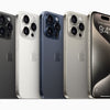 An array of iPhone 15 Pro Max smartphones in various colors aligned in a row.