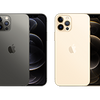 An image showcasing four iPhone 12 Pro Max smartphones in different colors: gold, silver, gray, and blue.