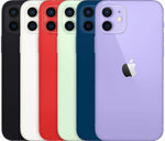 iPhone 12 smartphones in various colors including black, red, white, blue, and purple, all showing the rear camera and Apple logo.