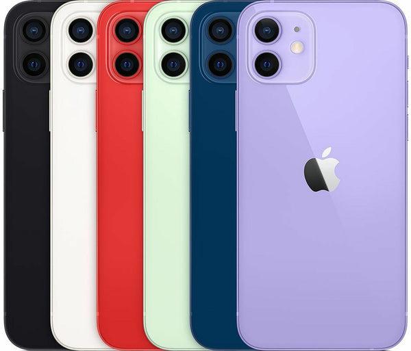 iPhone 12 smartphones in various colors including black, red, white, blue, and purple, all showing the rear camera and Apple logo.