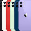 iPhone 12 smartphones in various colors including black, red, white, blue, and purple, all showing the rear camera and Apple logo.