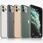 A lineup of iPhone 11 Pro smartphones in various colors.