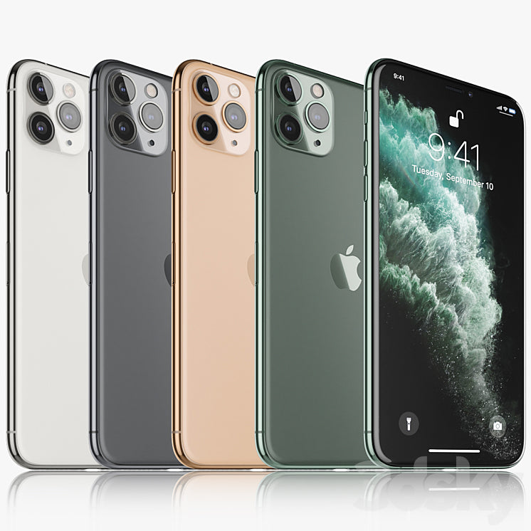 A lineup of iPhone 11 Pro smartphones in various colors.