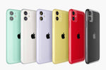 A lineup of Apple iPhone 11 smartphones in various colors including green, white, yellow, red, and black.