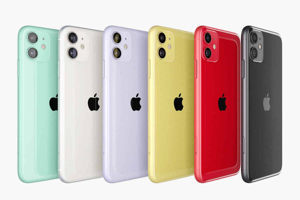 A lineup of Apple iPhone 11 smartphones in various colors including green, white, yellow, red, and black.