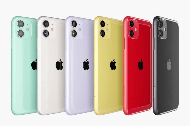 A lineup of Apple iPhone 11 smartphones in various colors including green, white, yellow, red, and black.
