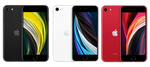 Three iPhone SE (3rd Generation) smartphones in different colors: black, white, and red, displayed in a row.