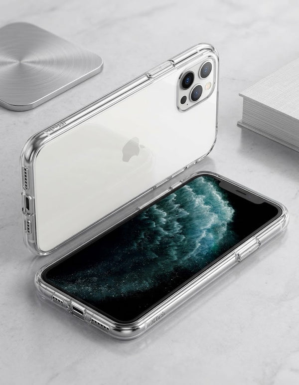 A clear Hard Shell Clear Case for iPhone 12 and 12 Pro showing the back of the phone with the case applied.