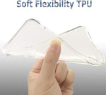 Clear TPU phone case being held by a hand with 'Soft Flexibility TPU' text above.
