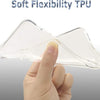 Clear TPU phone case being held by a hand with 'Soft Flexibility TPU' text above.