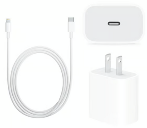 A white USB-C to Lightning charging cable and a USB-C power adapter.