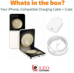 Samsung Galaxy Z Flip 5 cream with charging cord and cube