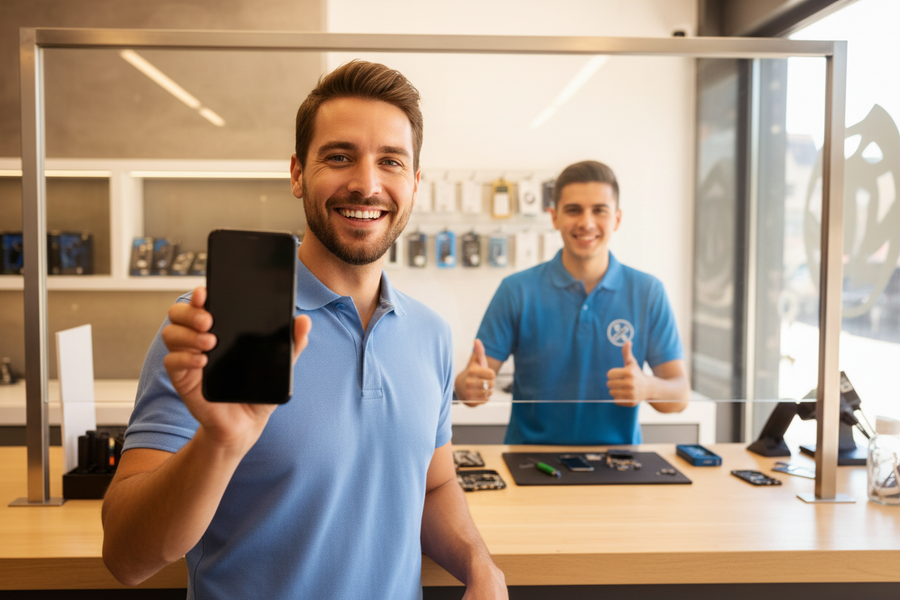 A smiling man in a light blue polo shirt holds up a black smartphone in a retail store setting, with another man in a matching blue shirt standing behind a glass partition counter.