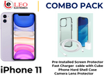 An advertisement image for an iPhone 11 Combo Pack, including a pre-installed screen protector, a fast charger cable with a cube, a phone hard shell case, and a camera lens protector.
