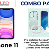 An advertisement image for an iPhone 11 Combo Pack, including a pre-installed screen protector, a fast charger cable with a cube, a phone hard shell case, and a camera lens protector.