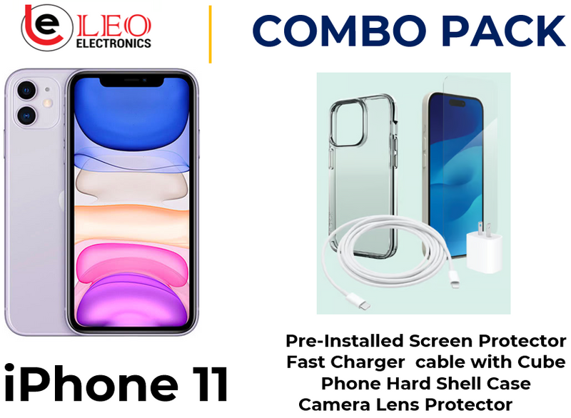 An advertisement image for an iPhone 11 Combo Pack, including a pre-installed screen protector, a fast charger cable with a cube, a phone hard shell case, and a camera lens protector.