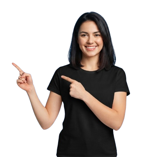 A smiling woman with dark shoulder-length hair wearing a plain black short-sleeve t-shirt, pointing with both hands toward the left and right against a solid white background.